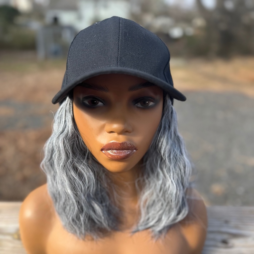 Baseball cap wig mixed grey wet and wavy synthetic premium mix